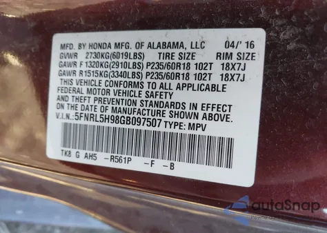 2016 Honda Odyssey Touring/Touring Elite from USA, damaged, VIN 5FNRL5H98GB097507